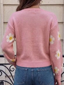 valorelle valorelle Floral Pattern Drop Shoulder Sweater Knit Pullover Fall Winter - Baby Pink - View 2