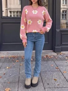 valorelle valorelle Floral Pattern Drop Shoulder Sweater Knit Pullover Fall Winter - Baby Pink - View 3