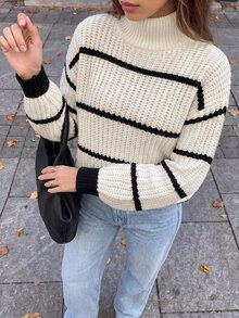 valorelle valorelle 条纹高领落肩毛衣，女士春秋休闲长袖宽松米色落肩套头衫，女士毛衣，长袖针织套头衫秋冬款 - 米色 - 查看 3