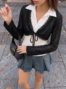 valorelle valorelle 女士纯色镂空针织超短款薄款开衫 - 黑色 - 查看 4