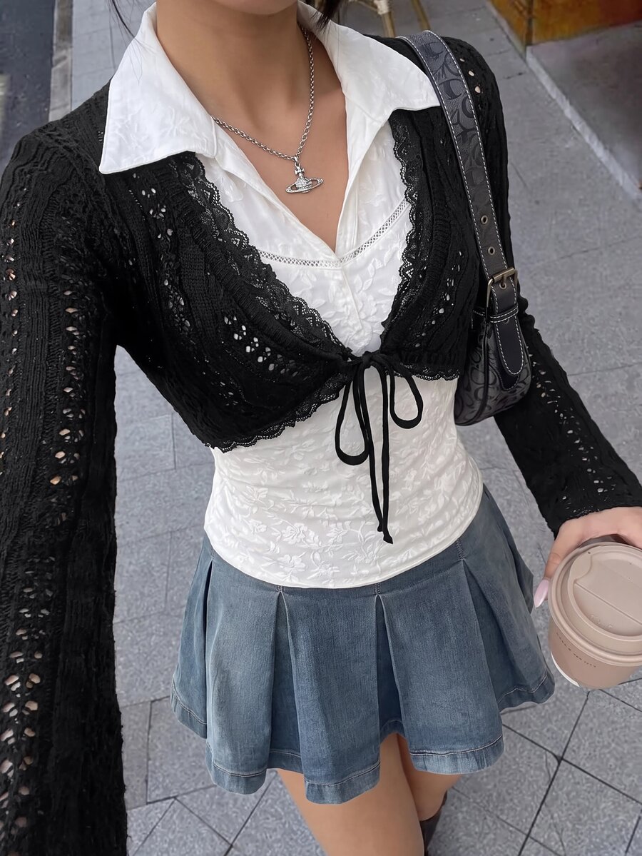 valorelle valorelle Women's Solid Color Hollow Out Knitted Super Short Thin Cardigan Fall Winter Cloth For Women - Black - View 1