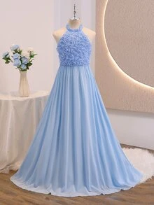 女童优雅手工玫瑰花项链网纱连衣裙，适合婚礼、派对、生日、演出、宴会等各种场合，四季皆宜。 - 藍色 - 查看 6