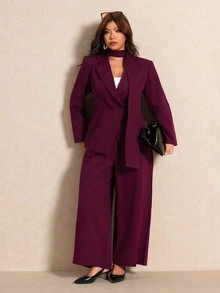 Elaquor 大尺碼女款優雅通勤純色夾克褲裝套裝 秋冬優雅辦公商務工作套裝 出行套裝 - 紫羅蘭色 - 查看 9