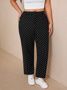 Elaquor Plus Size Women's Polka Dot Pattern High Waist Casual Suit Pants - Black and White - View 5