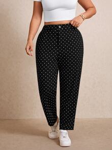 Elaquor Plus Size Women's Polka Dot Pattern High Waist Casual Suit Pants - Black and White - View 8