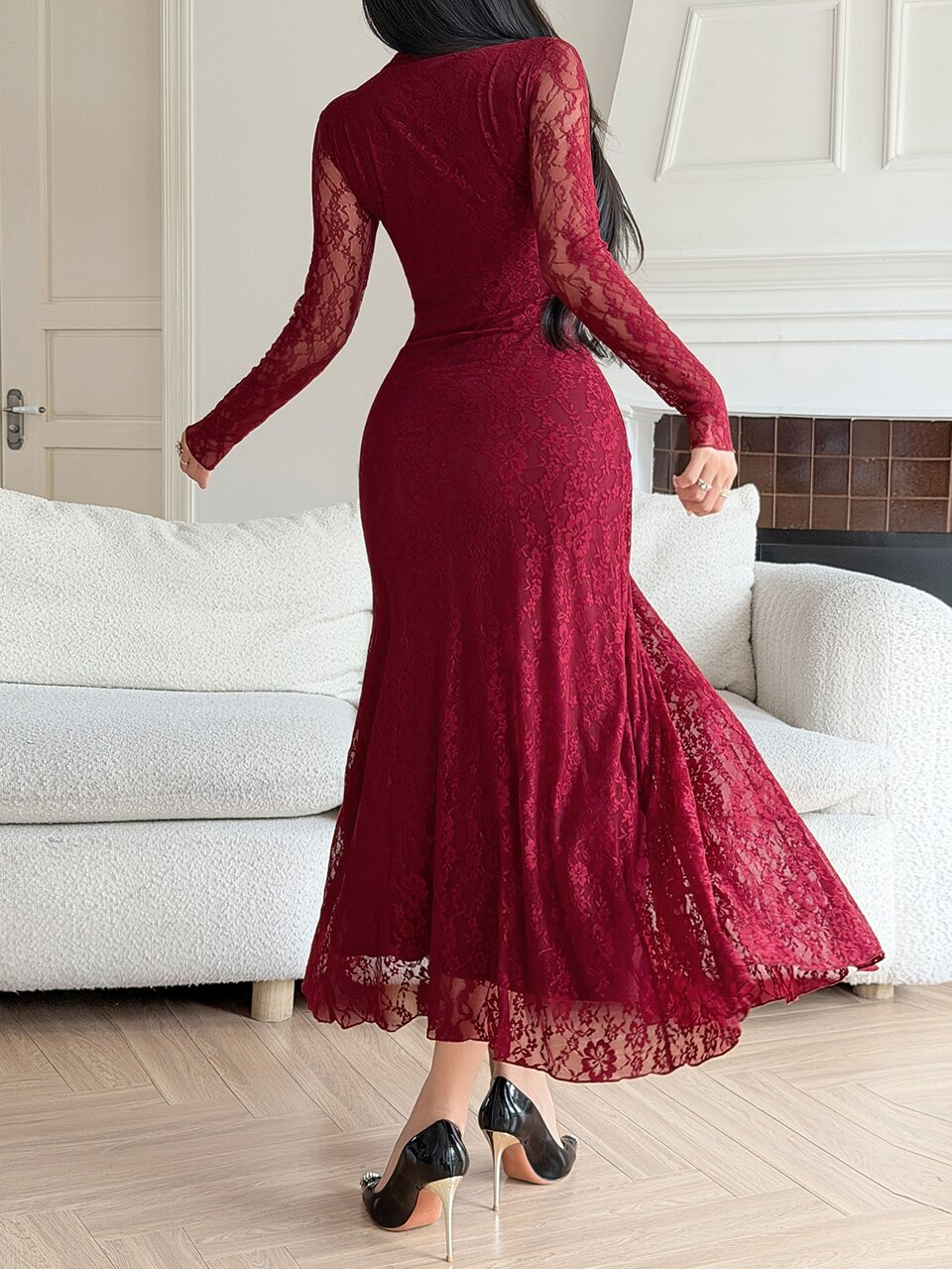 Autumn Winter Summer Semi-High Neck Long Sleeve Waist-Cinching Lace Floral Fabric Elegant Style Women's Long Dress Wedding Guest Dress Women