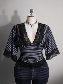 SHEIN ICON Top Talla Grande Y2K Vintage Sexy Estampado de Leopardo Cuello en V Patchwork de Encaje Manga Acampanada - Blanco y Negro - Ver 4