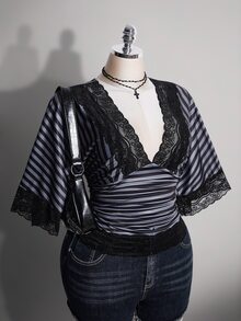 SHEIN ICON Top Talla Grande Y2K Vintage Sexy Estampado de Leopardo Cuello en V Patchwork de Encaje Manga Acampanada - Blanco y Negro - Ver 7