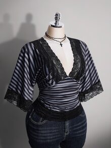 SHEIN ICON Top Talla Grande Y2K Vintage Sexy Estampado de Leopardo Cuello en V Patchwork de Encaje Manga Acampanada - Blanco y Negro - Ver 8