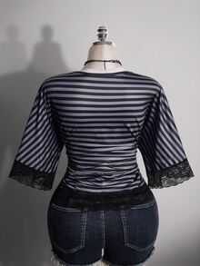 SHEIN ICON Top Talla Grande Y2K Vintage Sexy Estampado de Leopardo Cuello en V Patchwork de Encaje Manga Acampanada - Blanco y Negro - Ver 12
