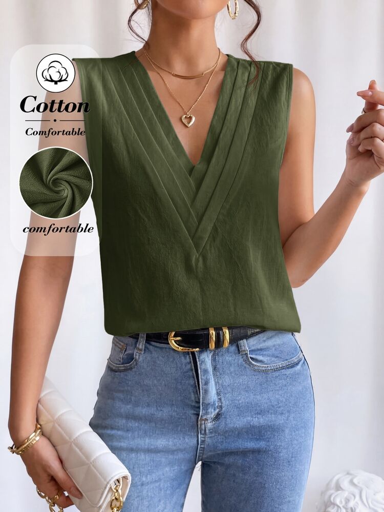 EMERY ROSE Women's Solid Color Pleated V-Neck Sleeveless Blouse Office Army Green Summer Casual - Army Green - View 3