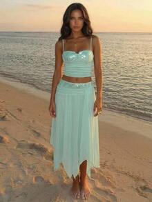 Aloruh Light Green Sequin Contrast Mesh Set, Romantic Vacation Outfit Summer Outfits  Clothes Beach  Boho  Tropical Vacation Teal Sequined Mesh Patchwork Set - Green - View 8
