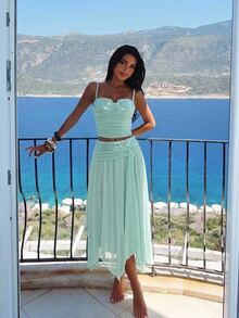 Aloruh Light Green Sequin Contrast Mesh Set, Romantic Vacation Outfit Summer Outfits  Clothes Beach  Boho  Tropical Vacation Teal Sequined Mesh Patchwork Set - Green - View 5