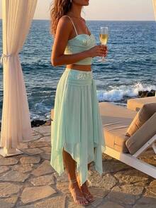 Aloruh Light Green Sequin Contrast Mesh Set, Romantic Vacation Outfit Summer Outfits  Clothes Beach  Boho  Tropical Vacation Teal Sequined Mesh Patchwork Set - Green - View 10