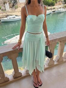Aloruh Light Green Sequin Contrast Mesh Set, Romantic Vacation Outfit Summer Outfits  Clothes Beach  Boho  Tropical Vacation Teal Sequined Mesh Patchwork Set - Green - View 7