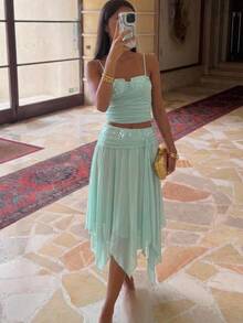 Aloruh Light Green Sequin Contrast Mesh Set, Romantic Vacation Outfit Summer Outfits  Clothes Beach  Boho  Tropical Vacation Teal Sequined Mesh Patchwork Set - Green - View 6