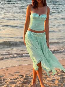 Aloruh Light Green Sequin Contrast Mesh Set, Romantic Vacation Outfit Summer Outfits  Clothes Beach  Boho  Tropical Vacation Teal Sequined Mesh Patchwork Set - Green - View 4