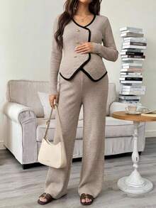 DAZY Colorblock Patchwork Fitted Long Sleeve Top & Straight Leg Pants 2pcs Set For Maternity Daily Wear Fall - Light Grey - View 6