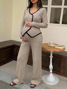 DAZY Colorblock Patchwork Fitted Long Sleeve Top & Straight Leg Pants 2pcs Set For Maternity Daily Wear Fall - Light Grey - View 3