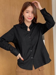 DAZY Blusa casual de manga larga para mujer, unicolor con textura y ajuste holgado, blusas de manga larga, ropa de otoño - Negro - Ver 7