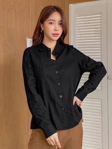 DAZY Blusa casual de manga larga para mujer, unicolor con textura y ajuste holgado, blusas de manga larga, ropa de otoño - Negro - Ver 6