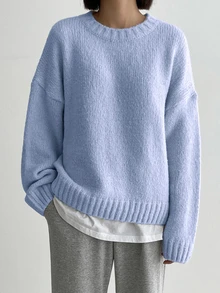 DAZY Solid Drop Shoulder Sweater,Long Sleeve Tops,Fall Clothes - Baby Blue - View 4