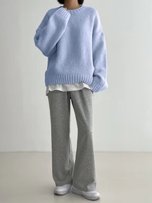 DAZY Solid Drop Shoulder Sweater,Long Sleeve Tops,Fall Clothes - Baby Blue - View 3