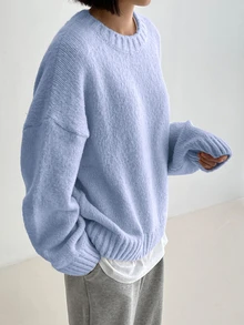 DAZY Solid Drop Shoulder Sweater,Long Sleeve Tops,Fall Clothes - Baby Blue - View 2