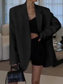 DAZY 女士街头风超大肩部西装外套，休闲女式大衣 - 黑色 - 查看 3