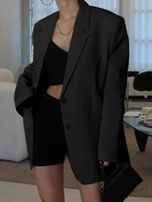 DAZY 女士街头风超大肩部西装外套，休闲女式大衣 - 黑色 - 查看 4