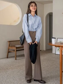 DAZY 条纹印花落肩衬衫、长袖上衣、秋装 - 淺藍色 - 查看 4
