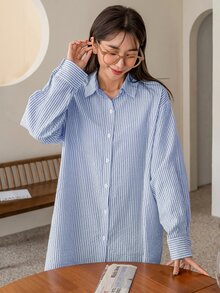DAZY 条纹印花落肩衬衫、长袖上衣、秋装 - 淺藍色 - 查看 3