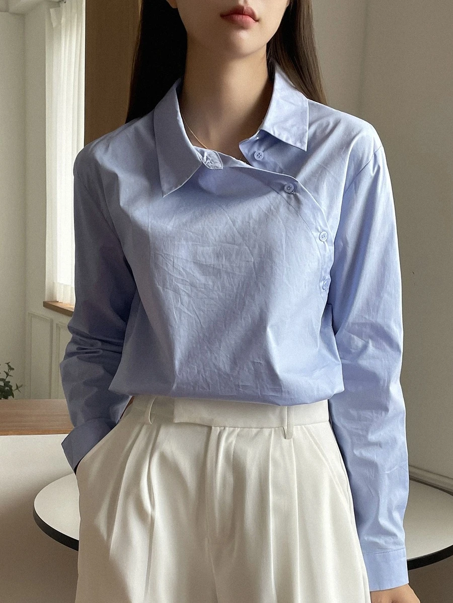 DAZY Business Casual Plain Oblique Placket Long Sleeve Shirt - Baby Blue - View 1
