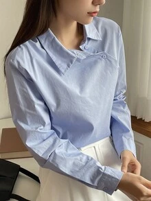 DAZY Business Casual Plain Oblique Placket Long Sleeve Shirt - Baby Blue - View 5