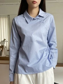 DAZY Business Casual Plain Oblique Placket Long Sleeve Shirt - Baby Blue - View 4