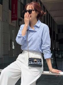 DAZY Business Casual Plain Oblique Placket Long Sleeve Shirt - Baby Blue - View 6
