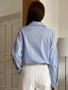 DAZY Business Casual Plain Oblique Placket Long Sleeve Shirt - Baby Blue - View 2
