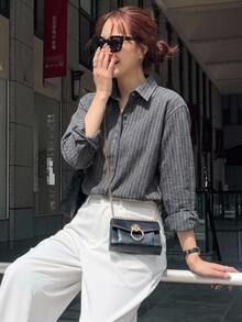 DAZY 条纹长袖衬衫，秋季商务休闲装，长袖上衣，返校服装，秋季女装 - 深灰色 - 查看 8