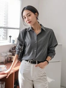 DAZY 条纹长袖衬衫，秋季商务休闲装，长袖上衣，返校服装，秋季女装 - 深灰色 - 查看 4