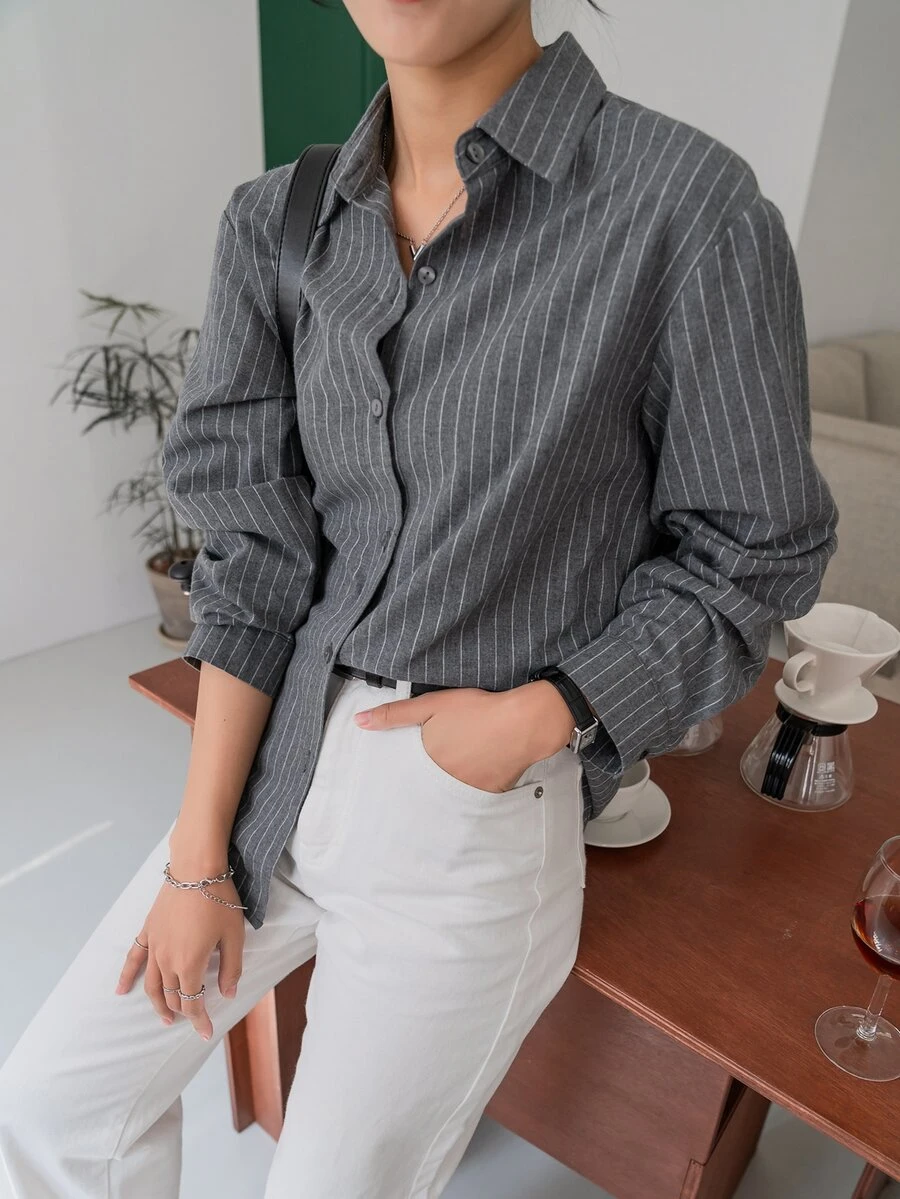 DAZY 条纹长袖衬衫,秋季商务休闲装,长袖上衣,返校服装,秋季女装 - 深灰色 - 查看 1