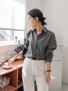 DAZY 条纹长袖衬衫，秋季商务休闲装，长袖上衣，返校服装，秋季女装 - 深灰色 - 查看 7