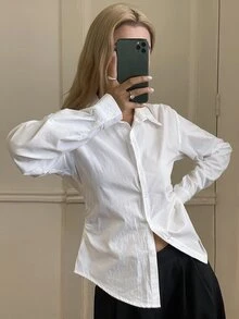 DAZY Women's Solid Color Fitted Waist Long Sleeve Collared Elegant Formal Blouse, Spring/Summer - White - View 4