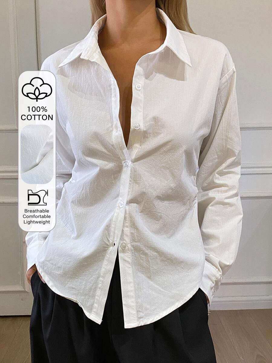 DAZY Women's Solid Color Fitted Waist Long Sleeve Collared Elegant Formal Blouse, Spring/Summer - White - View 1