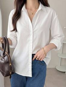 DAZY Women's Solid Color Fitted Waist Long Sleeve Collared Elegant Formal Blouse, Spring/Summer - White - View 9