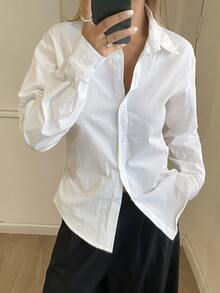 DAZY Women's Solid Color Fitted Waist Long Sleeve Collared Elegant Formal Blouse, Spring/Summer - White - View 8