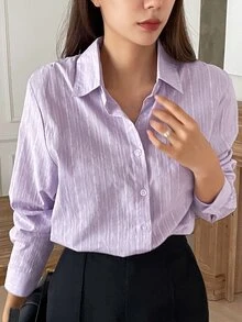 DAZY 女士纯色纹理领长袖休闲商务衬衫夏季 - 紫色 - 查看 6