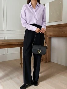 DAZY 女士纯色纹理领长袖休闲商务衬衫夏季 - 紫色 - 查看 8