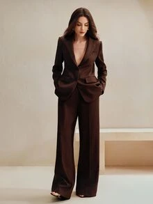 Anewsta Essential 2pcs Women Suit Set, Maillard Color Blazer Jacket + Straight Leg Pants - Coffee Brown - View 3