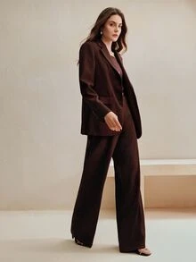 Anewsta Essential 2pcs Women Suit Set, Maillard Color Blazer Jacket + Straight Leg Pants - Coffee Brown - View 5