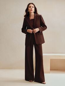 Anewsta Essential 2pcs Women Suit Set, Maillard Color Blazer Jacket + Straight Leg Pants - Coffee Brown - View 6
